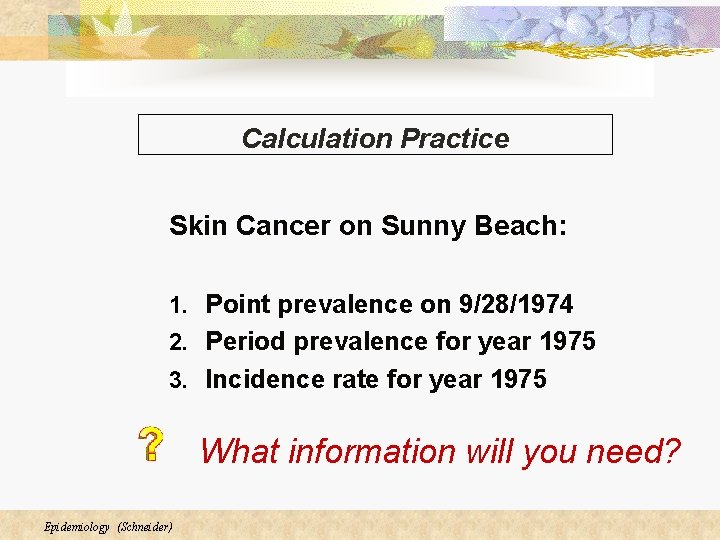 Calculation Practice Skin Cancer on Sunny Beach: 1. Point prevalence on 9/28/1974 2. Period Calculation Practice Skin Cancer on Sunny Beach: 1. Point prevalence on 9/28/1974 2. Period