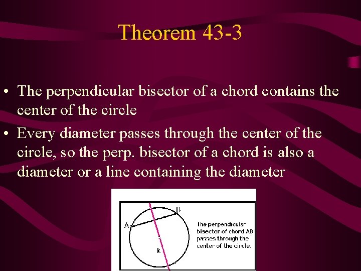 Theorem 43 -3 • The perpendicular bisector of a chord contains the center of