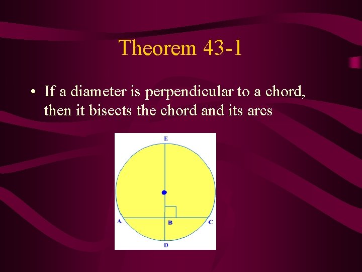 Theorem 43 -1 • If a diameter is perpendicular to a chord, then it