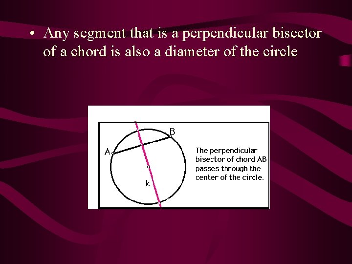  • Any segment that is a perpendicular bisector of a chord is also