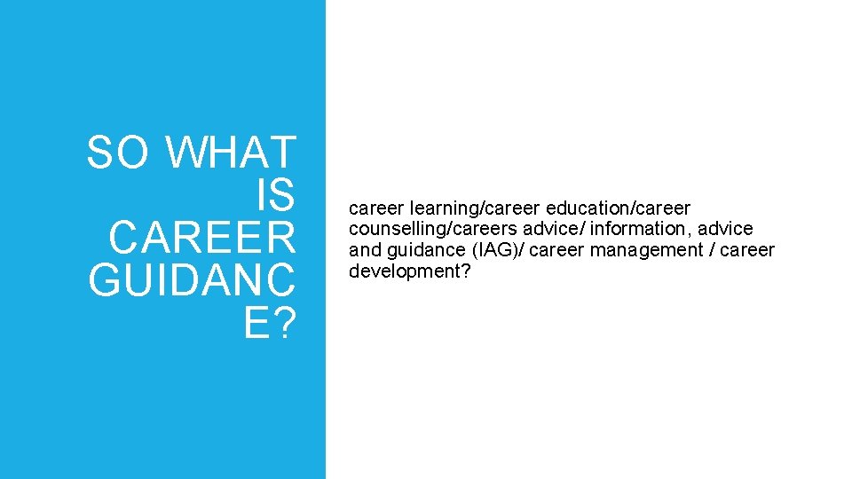 SO WHAT IS CAREER GUIDANC E? career learning/career education/career counselling/careers advice/ information, advice and