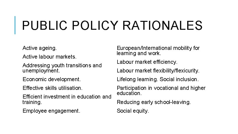 PUBLIC POLICY RATIONALES Active ageing. Active labour markets. Addressing youth transitions and unemployment. European/International