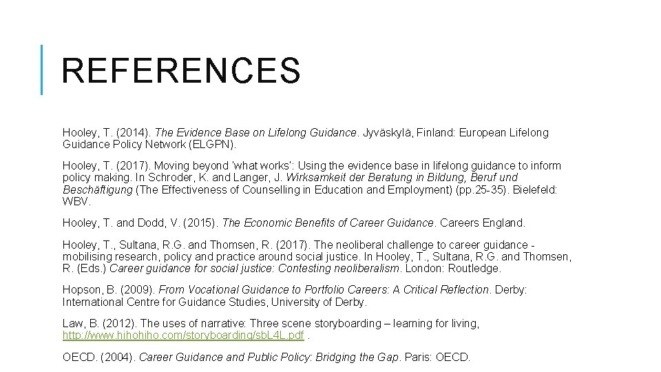 REFERENCES Hooley, T. (2014). The Evidence Base on Lifelong Guidance. Jyväskylä, Finland: European Lifelong