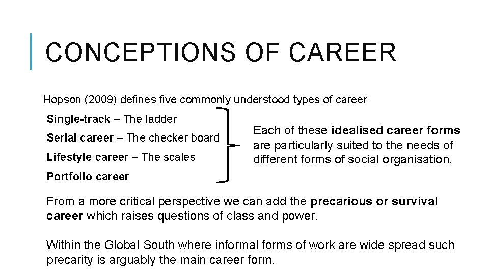 CONCEPTIONS OF CAREER Hopson (2009) defines five commonly understood types of career Single-track –