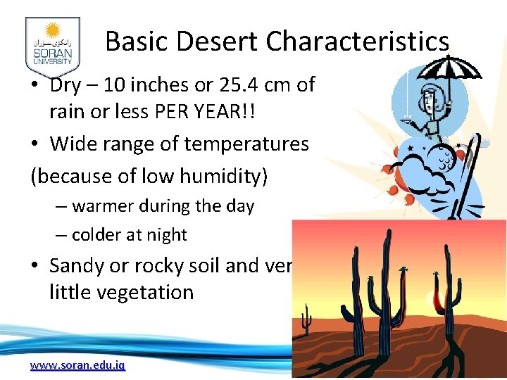 Basic Desert Characteristics • Dry – 10 inches or 25. 4 cm of rain Basic Desert Characteristics • Dry – 10 inches or 25. 4 cm of rain