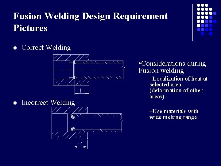 Fusion Welding Design Requirement Pictures l Correct Welding • Considerations during Fusion welding l