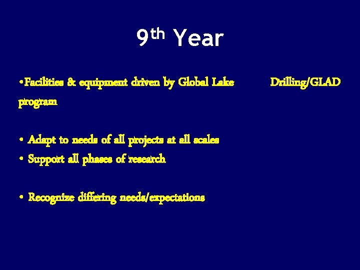 th 9 Year • Facilities & equipment driven by Global Lake program • Adapt