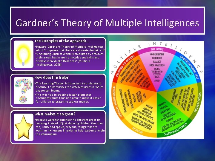 Gardner’s Theory of Multiple Intelligences The Principles of the Approach… • Howard Gardner's Theory