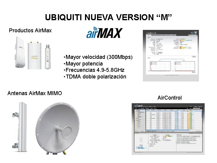 UBIQUITI NUEVA VERSION “M” Productos Air. Max Hardware acelerado • Mayor velocidad (300 Mbps) UBIQUITI NUEVA VERSION “M” Productos Air. Max Hardware acelerado • Mayor velocidad (300 Mbps)
