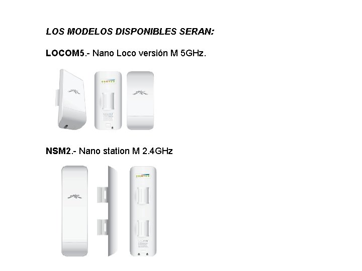 LOS MODELOS DISPONIBLES SERAN: LOCOM 5. - Nano Loco versión M 5 GHz. NSM LOS MODELOS DISPONIBLES SERAN: LOCOM 5. - Nano Loco versión M 5 GHz. NSM
