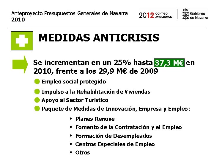 Anteproyecto Presupuestos Generales de Navarra 2010 MEDIDAS ANTICRISIS Se incrementan en un 25% hasta