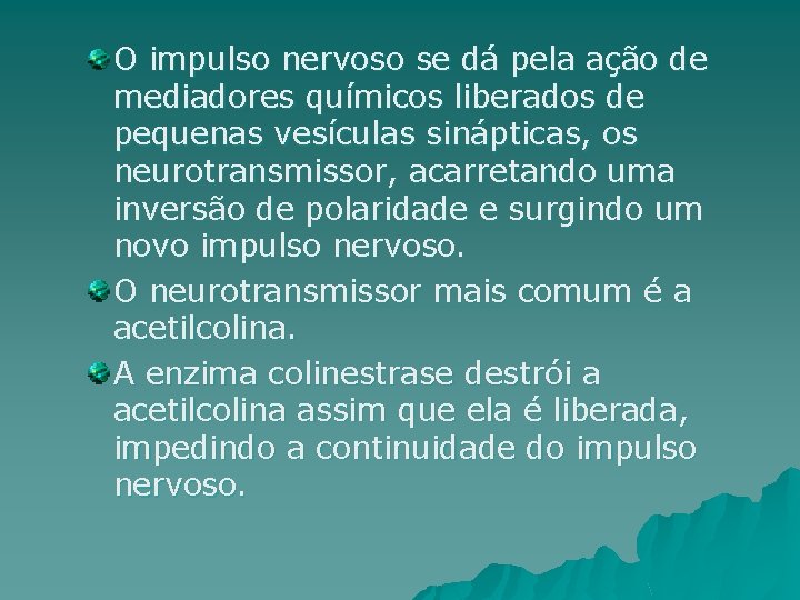 O impulso nervoso se dá pela ação de mediadores químicos liberados de pequenas vesículas