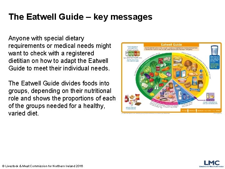 The Eatwell Guide – key messages Anyone with special dietary requirements or medical needs