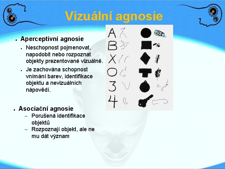 Vizuální agnosie ● Aperceptivní agnosie ● ● ● Neschopnost pojmenovat, napodobit nebo rozpoznat objekty