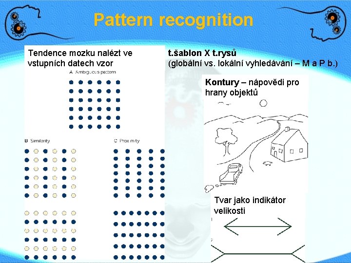 Pattern recognition Tendence mozku nalézt ve vstupních datech vzor t. šablon X t. rysů