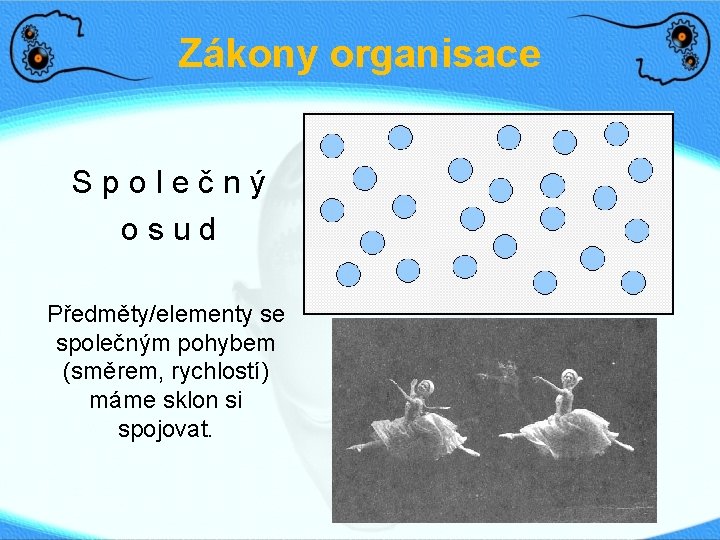 Zákony organisace Společný osud Předměty/elementy se společným pohybem (směrem, rychlostí) máme sklon si spojovat.