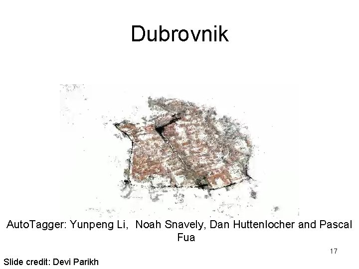 Dubrovnik Auto. Tagger: Yunpeng Li, Noah Snavely, Dan Huttenlocher and Pascal Fua 17 Slide