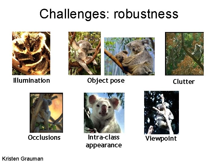 Challenges: robustness Illumination Occlusions Kristen Grauman Object pose Intra-class appearance Clutter Viewpoint 