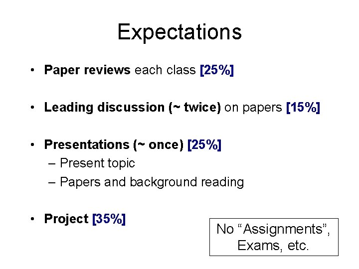 Expectations • Paper reviews each class [25%] • Leading discussion (~ twice) on papers