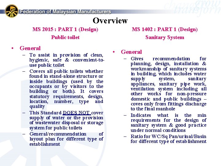 Overview MS 2015 : PART 1 (Design) Public toilet • General – To assist
