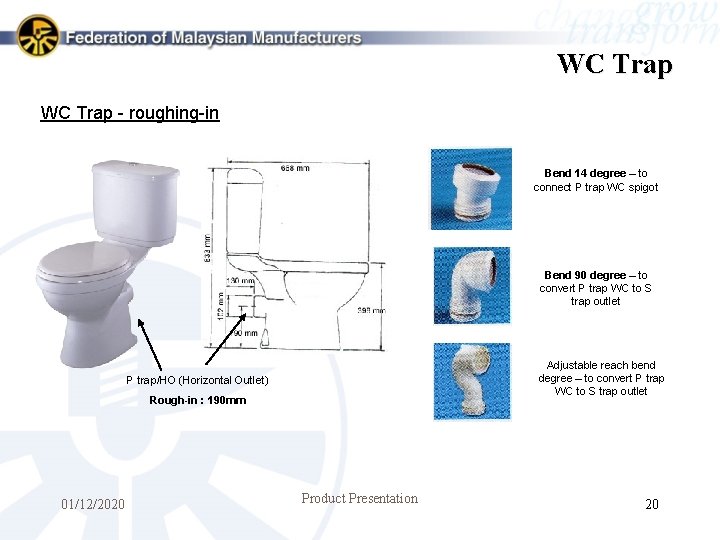 WC Trap - roughing-in Bend 14 degree – to connect P trap WC spigot