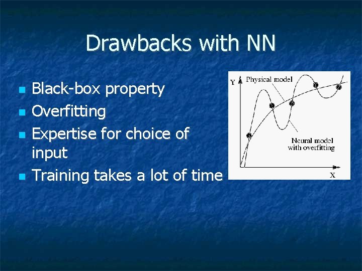 Drawbacks with NN Black-box property Overfitting Expertise for choice of input Training takes a