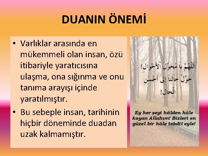 DUANIN ÖNEMİ • Varlıklar arasında en mükemmeli olan insan, özü itibariyle yaratıcısına ulaşma, ona