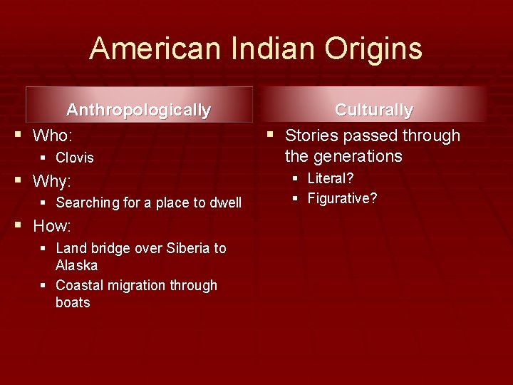 American Indian Origins Anthropologically § Who: § Clovis § Why: § Searching for a
