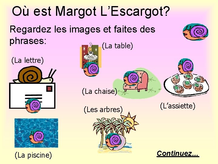 Où est Margot L’Escargot? Regardez les images et faites des phrases: (La table) (La