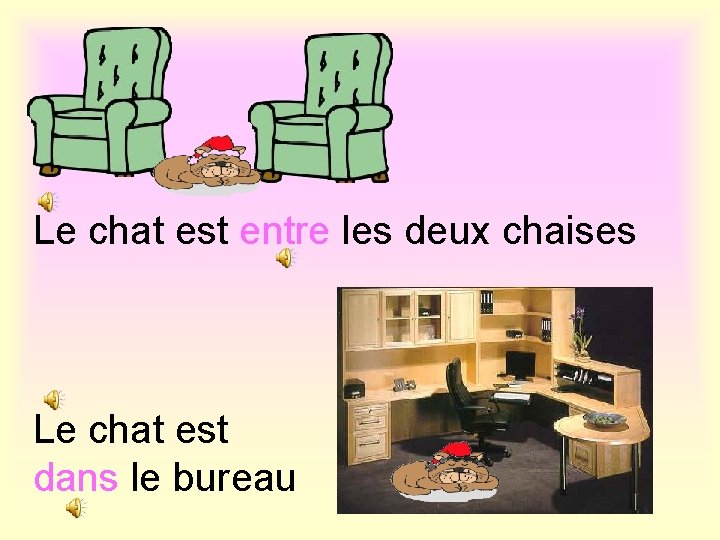 Le chat est entre les deux chaises Le chat est dans le bureau 