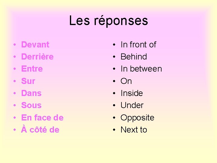 Les réponses • • Devant Derrière Entre Sur Dans Sous En face de À