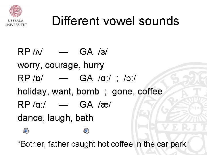 Different vowel sounds RP /ʌ/ — GA /ɜ/ worry, courage, hurry RP /ɒ/ —