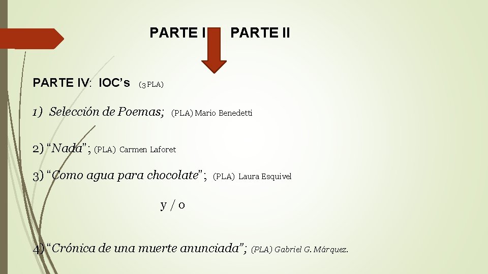 PARTE IV: IOC’s (3 PLA) 1) Selección de Poemas; 2) “Nada”; (PLA) PARTE II