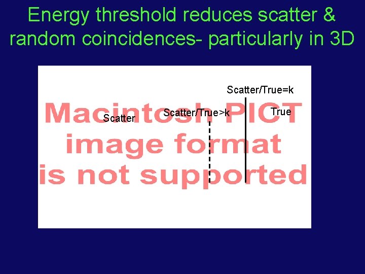Energy threshold reduces scatter & random coincidences- particularly in 3 D Scatter/True=k Scatter/True>k True