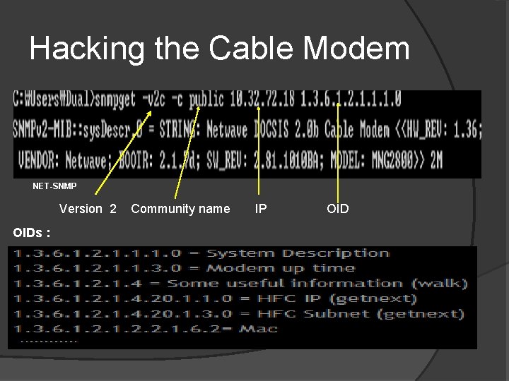 Hacking the Cable Modem NET-SNMP Version 2 OIDs : Community name IP OID 