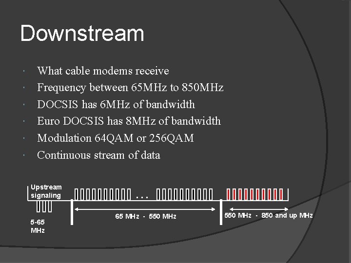 Downstream What cable modems receive Frequency between 65 MHz to 850 MHz DOCSIS has