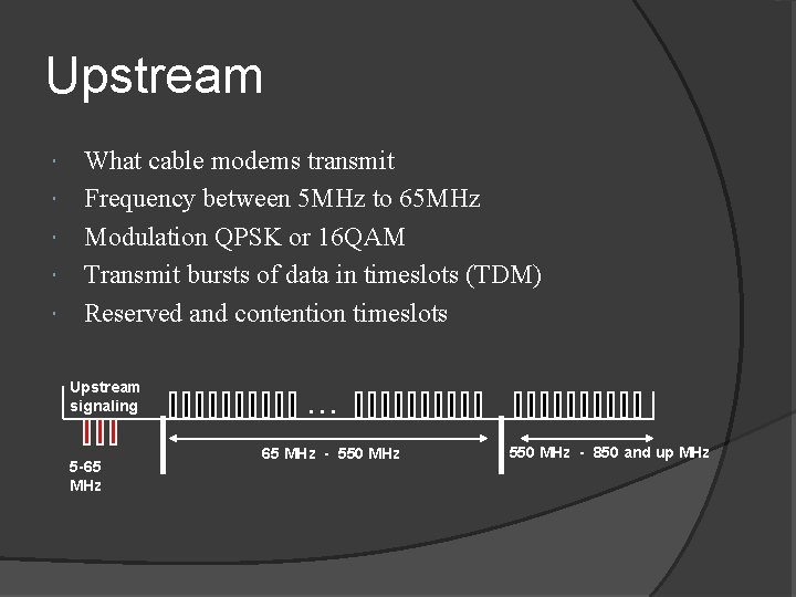 Upstream What cable modems transmit Frequency between 5 MHz to 65 MHz Modulation QPSK