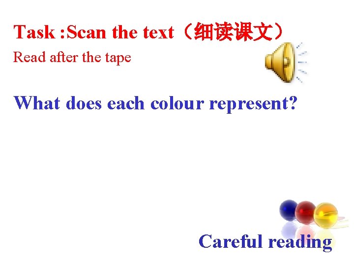 Task : Scan the text（细读课文） Read after the tape What does each colour represent?