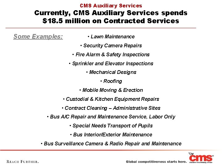 CMS Auxiliary Services Currently, CMS Auxiliary Services spends $18. 5 million on Contracted Services