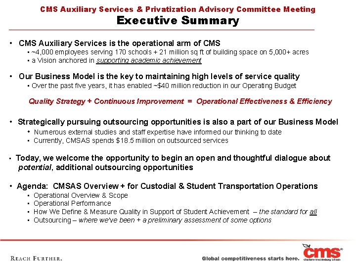 CMS Auxiliary Services & Privatization Advisory Committee Meeting Executive Summary • CMS Auxiliary Services