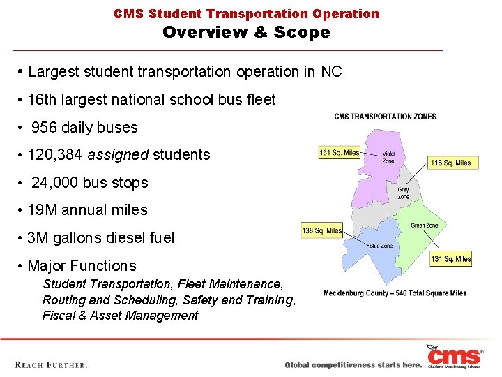 CMS Student Transportation Operation Overview & Scope • Largest student transportation operation in NC