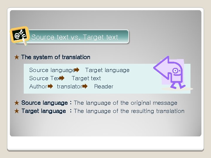 Source text vs. Target text ★ The system of translation Source language Target language