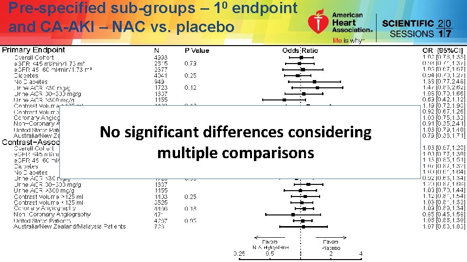 Pre-specified sub-groups – 10 endpoint and CA-AKI – NAC vs. placebo No significant differences