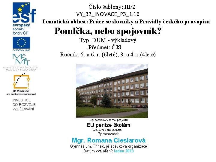 Číslo šablony: III/2 VY_32_INOVACE_P 3_1. 16 Tematická oblast: Práce se slovníky a Pravidly českého