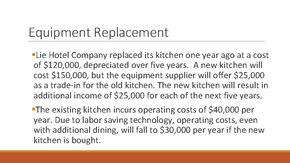 Equipment Replacement §Lie Hotel Company replaced its kitchen one year ago at a cost