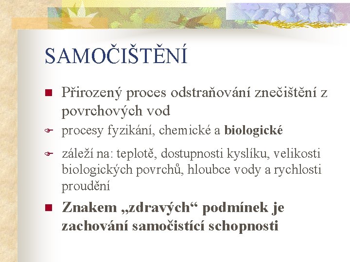 SAMOČIŠTĚNÍ n Přirozený proces odstraňování znečištění z povrchových vod F procesy fyzikání, chemické a