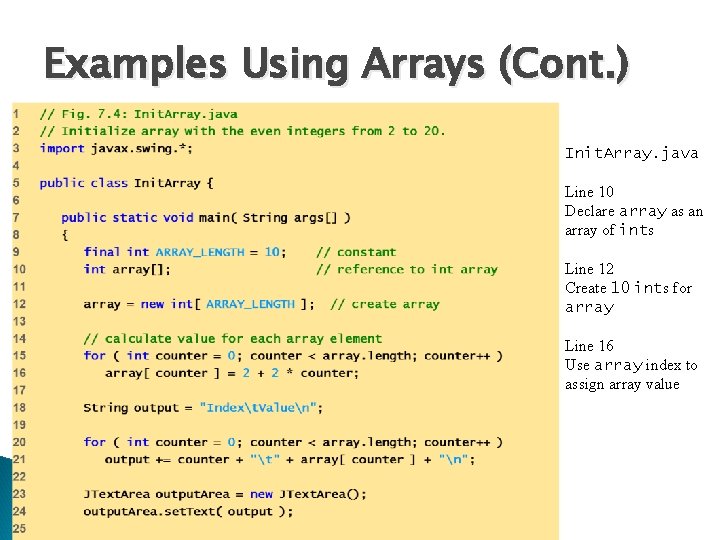 Examples Using Arrays (Cont. ) Init. Array. java Line 10 Declare array as an