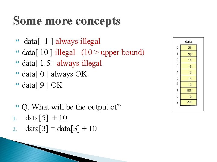 Some more concepts 1. 2. data[ -1 ] always illegal data[ 10 ] illegal
