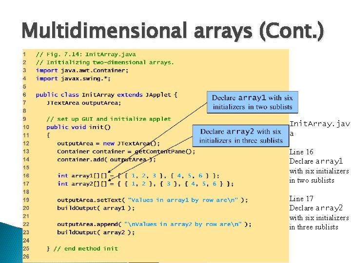 Multidimensional arrays (Cont. ) Init. Array. jav a Line 16 Declare array 1 with