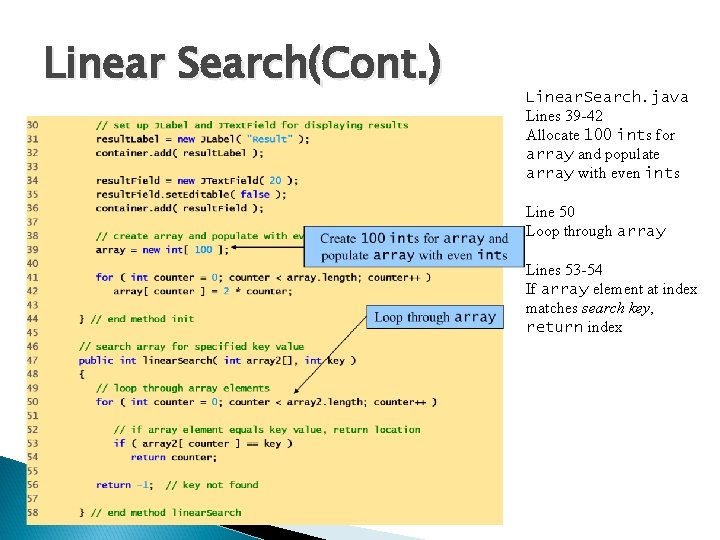 Linear Search(Cont. ) Linear. Search. java Lines 39 -42 Allocate 100 ints for array